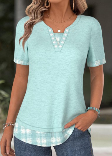 Modlily Cyan Plaid Short Sleeve Split Neck T Shirt - L