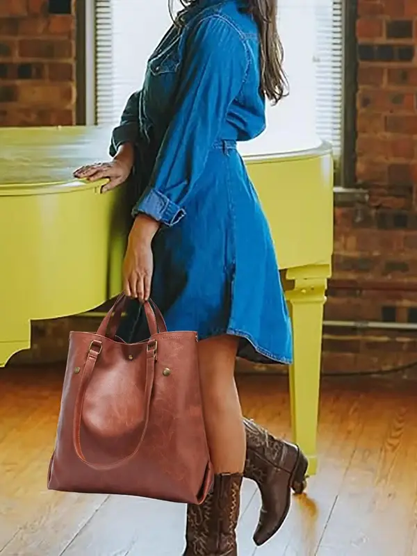 Summer Women's Classic Fashionable Large Capacity Tote Bag & Coin Purse, Casual Simple Plain Color Handbag & Coin Purse, Perf...