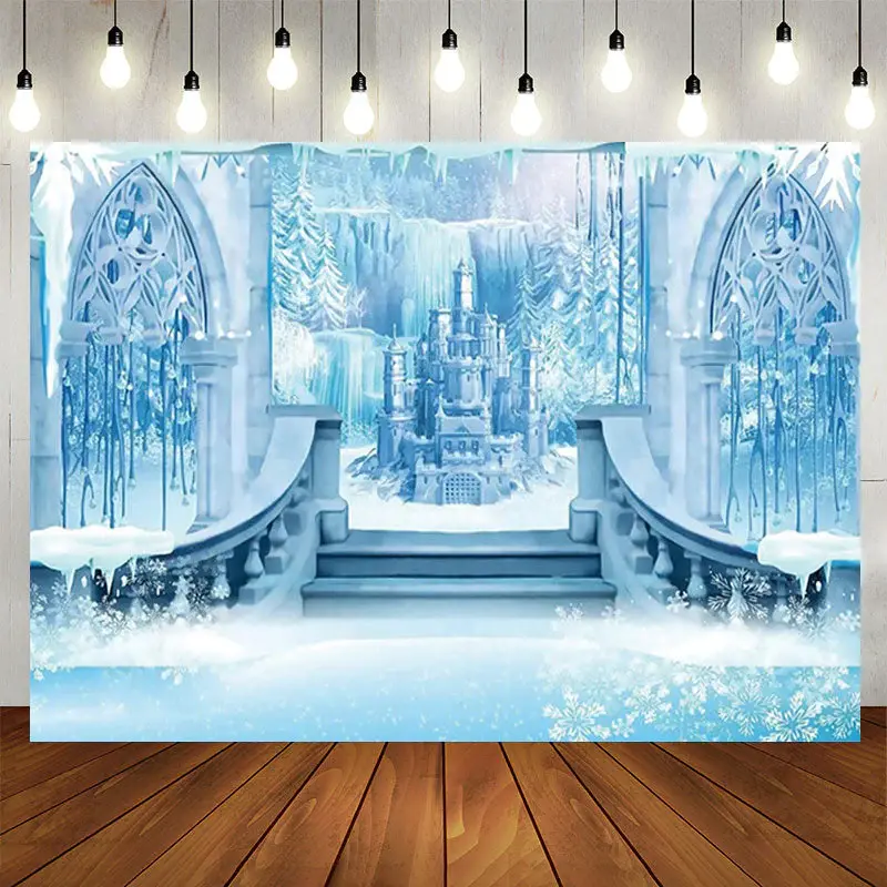 Blue Ice Castle Glitter Snowflake Party Backdrop - Aperturee