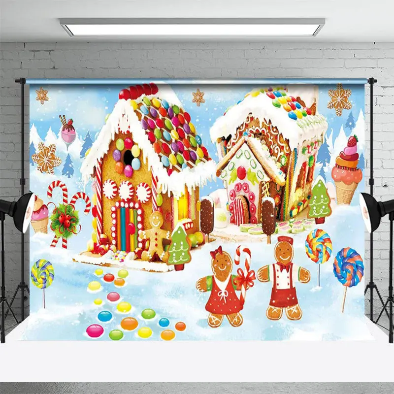 Gingerbread Snow Candyland Winter Christmas Backdrop - Aperturee