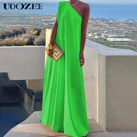 UOOZEE Women's Loose Asymmetric Solid Color Slit One Shoulder Maxi Dress Multi-color, Holiday Style, Chiffon Fabric, White Sl...
