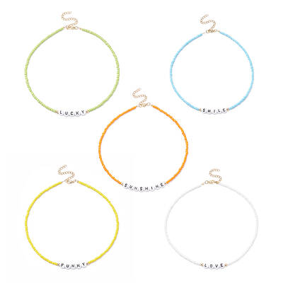 5Pcs 5 Style Glass & Plastic Word Beaded Necklaces Set