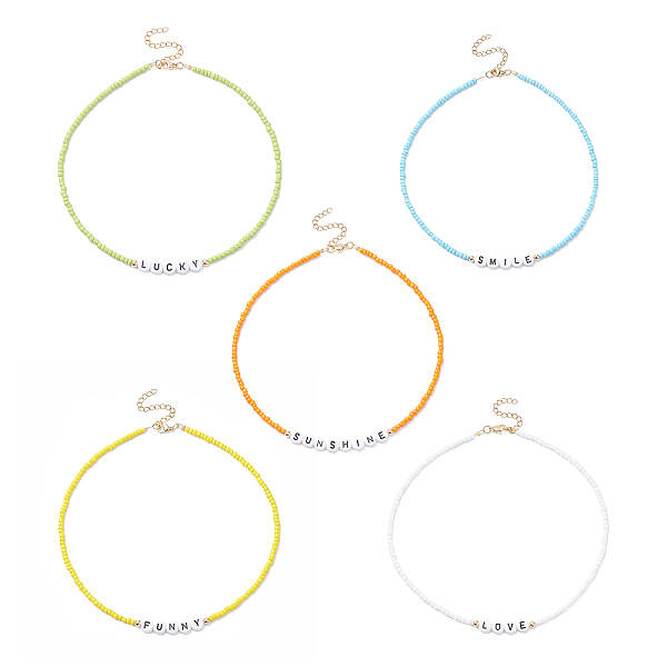 5Pcs 5 Style Glass & Plastic Word Beaded Necklaces Set