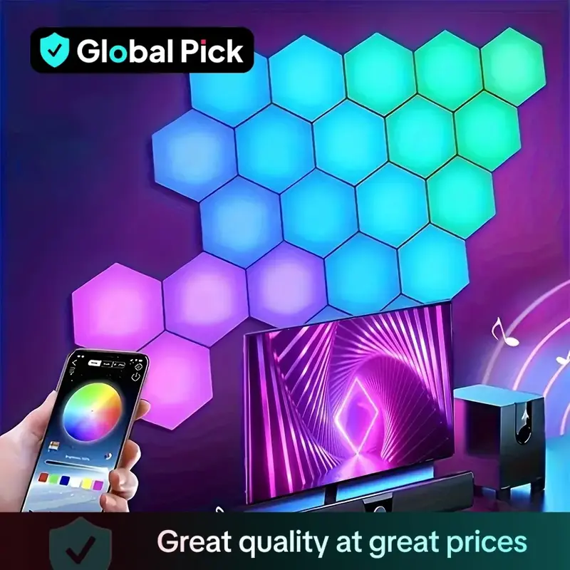 Smart LED Hexagonal RGB Color Changing Indoor Wall Light, USB Powered Voice/APP/Remote Control Dimmable Music Synchronized N...