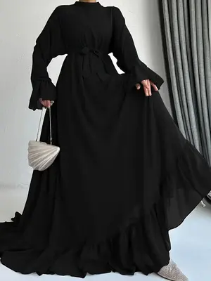 Women's Muslim Chiffon Dress, Elegant Style with Long Waist Belt, Fitted Woven Fabric, All Seasons Fashionable