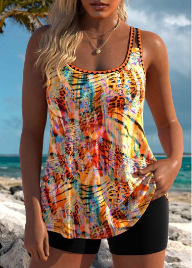 Modlily Animal Print Orange Scoop Neck Tankini Top - L