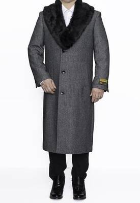 Moscow: MENS GREY TOPCOAT REMOVABLE FUR COLLAR FULL LENGTH WOOL HERRINGBONE OVERCOAT