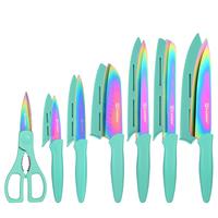 13 Pieces Rainbow Kitchen Knife Set with Guards, Colorful Titanium Coated Carbon Steel, Anti-Rust and Dishwasher Safe, 6 Kniv...