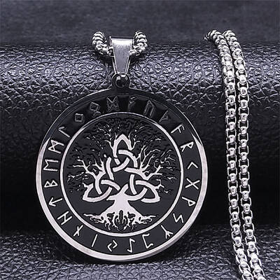 304 Stainless Steel Black Enamel Rune Tree of Life Pendant Necklaces for Men