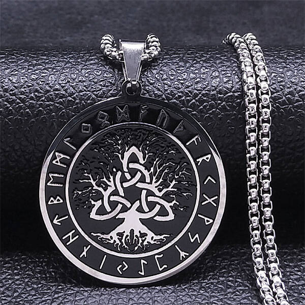304 Stainless Steel Black Enamel Rune Tree of Life Pendant Necklaces for Men