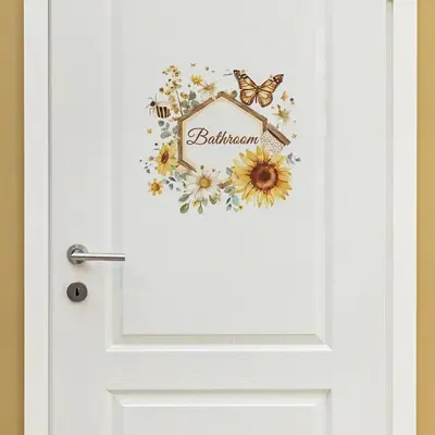 Flowers & Butterfly Pastel Pattern Bathroom Door Sticker, Self-adhesive Wall Decal, Decorative Sticker for Home Bathroom B...