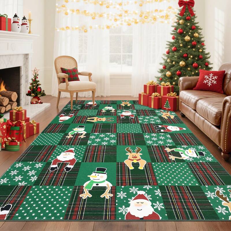 Garvee Christmas Area Rug Green Winter Holiday Santa Deer Snow Non Slip Low Pile Soft Carpet for Living Room Nursery Dining R...