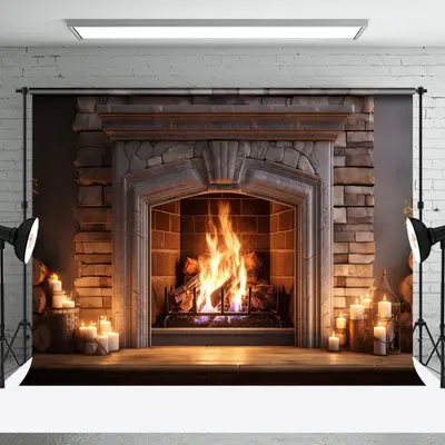 Aperturee Vintage Luxury Fireplace Candles Christmas Backdrop - Aperturee