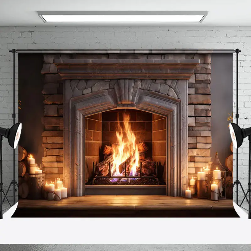 Aperturee Vintage Luxury Fireplace Candles Christmas Backdrop - Aperturee
