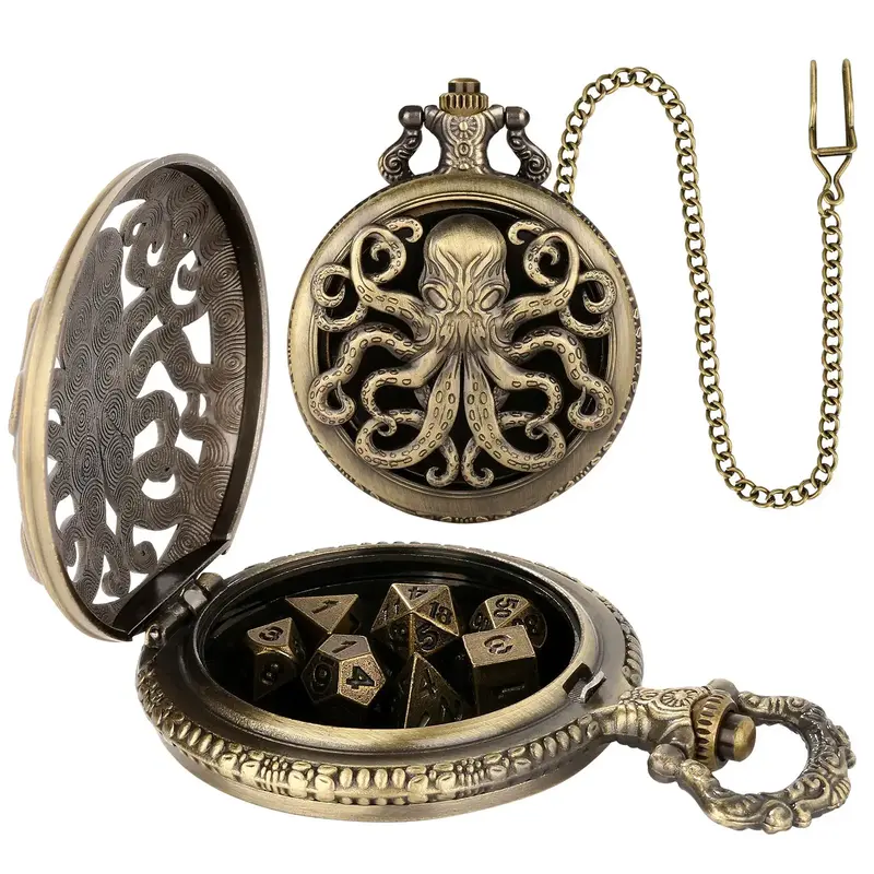 Steampunk Octopus Design Pocket Watch Case with Dice Set, 1 Set Vintage Design Dice Set with Gift Box, Role Playing Board Gam...