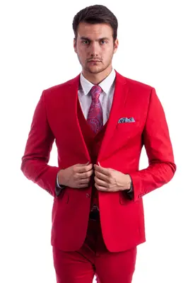 Red Slim Fit Men's Suit - Two Button Vested Solid Basic Color