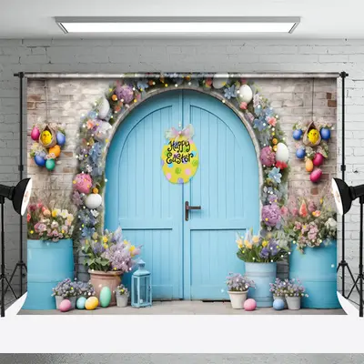 Blue Door Brick Wall Floral Happy Easter Backdrop - Aperturee