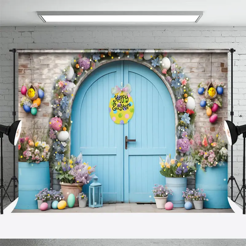 Blue Door Brick Wall Floral Happy Easter Backdrop - Aperturee