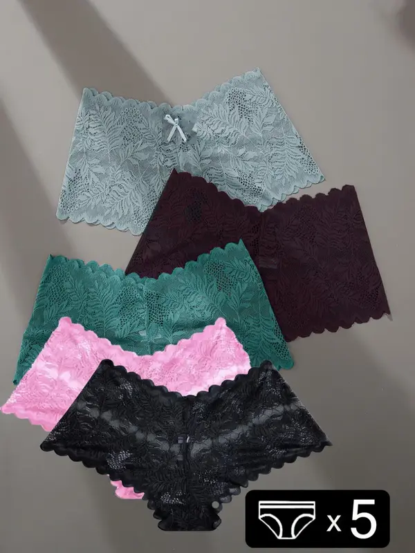 Women's 5pcs Solid Scallop Trim Hollow Out Lace Panty, Casual Womenswear Elegance Comfy Breathable Knicker for Lady Dai...