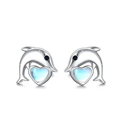 Sterling Silver Heart Shaped Moonstone Dolphin Stud Earrings