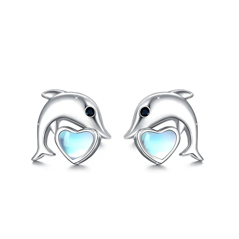 Sterling Silver Heart Shaped Moonstone Dolphin Stud Earrings