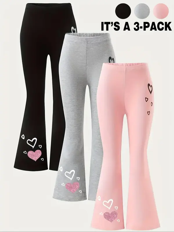 Girl's Heart Print Flare Leg Pants, Casual Comfy Bell Bottom Trousers for Daily Wear, Kids Bottoms for All Seasons
