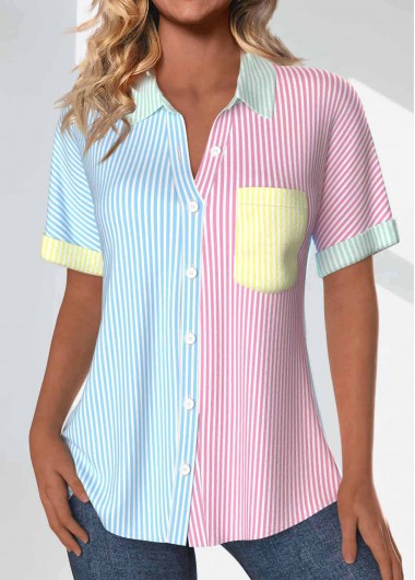 Modlily Rainbow Color Patchwork Striped Short Sleeve Shirt Collar Blouse - XXL