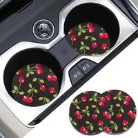 Stylish Cherry Pattern Spill-Proof Car Coaster, Round Anti-slip Car Cup Holder Coaster, Durable Easy-clean Coaster for Car Cu...