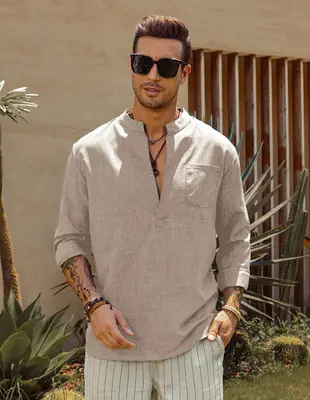 Coofandy Cotton Style Long Sleeve Shirt, Khaki / XXL