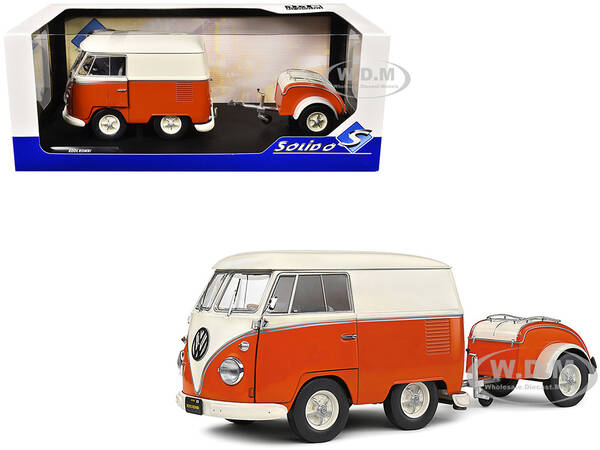 1950 Volkswagen Kool Kombi Van with Trailer Orange and White 1/18 Diecast Model Car by Solido