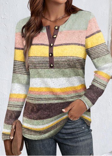 Modlily Multi Color Button Striped Long Sleeve T Shirt - L