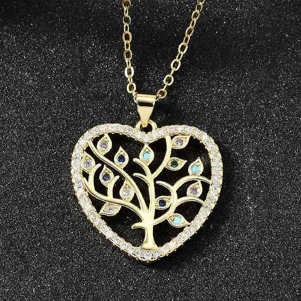 Brass Micro Pave Colorful Cubic Zirconia Tree of Life Heart Pendant Necklaces for Women