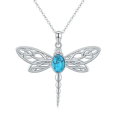 Sterling Silver Circular Shaped Cubic Zirconia & Turquoise Dragonfly Pendant Necklace