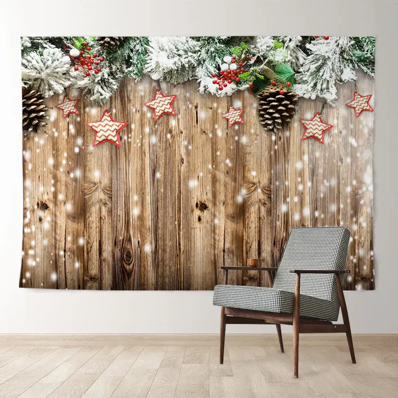 Aperturee Stars Pine Leaves Snowy Wood Christmas Backdrop