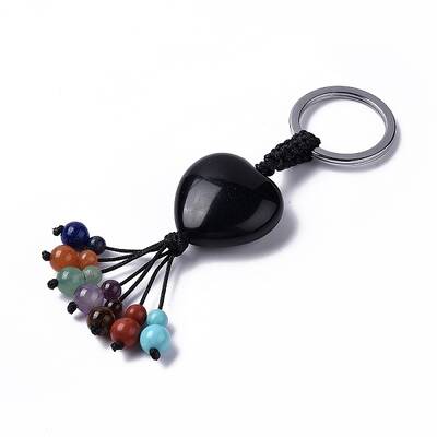 Natural Obsidian Heart with Mixed Gemstone Tassel Keychains