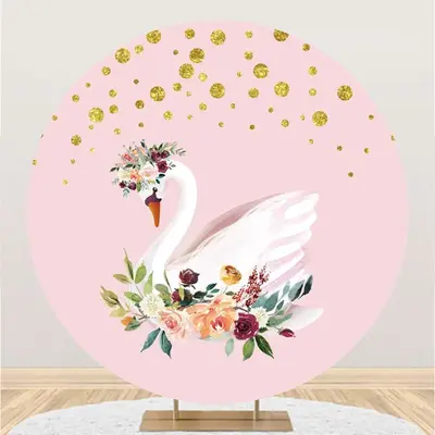 Aperturee Pink And Golden Floral Swan Themed Circle Backdrop | Round Party Backdrop | Round Backdrop Cover Diy | Happy Birthd...