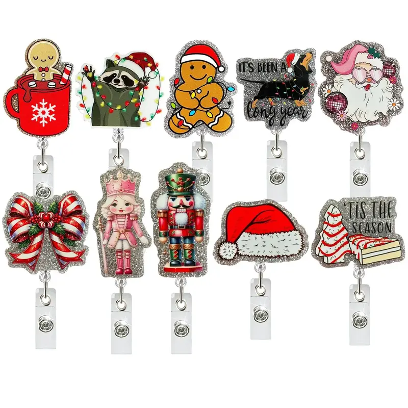 Cute Cartoon Design Retractable Id Badge Holder, 1 Count Christmas Themed Acrylic Glitter Badge Reel, for Office Staff Teache...