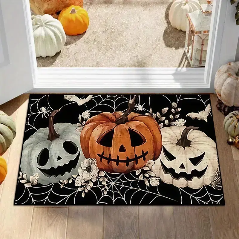 1PC Dark Halloween Door Mat with Spiderweb and Pumpkin Skulls on a Black Background, Durable, Fun Outdoor/Indoor Entry Mat, B...