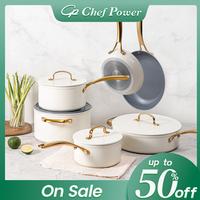 10pcs Golden Handle Ceramic Nonstick Cookware Set By Chef Power Sunray Series Oven Safe Kitchen Dining Pan Pot Utility white ...