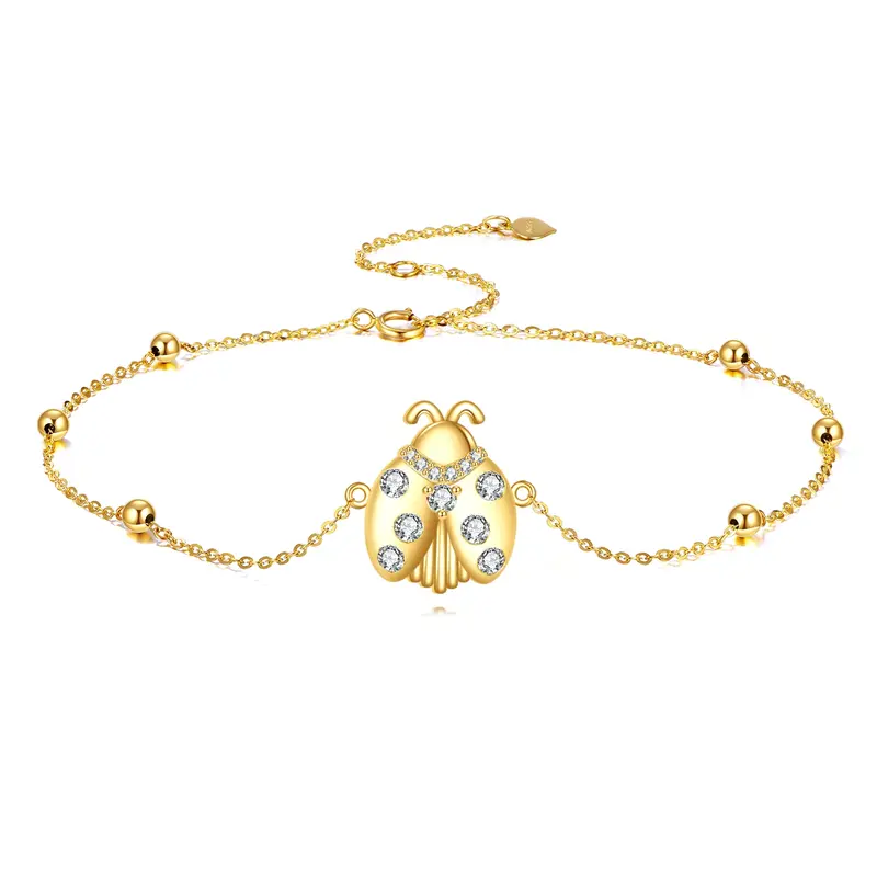 14K Gold Cubic Zirconia Ladybug Charm Bracelet