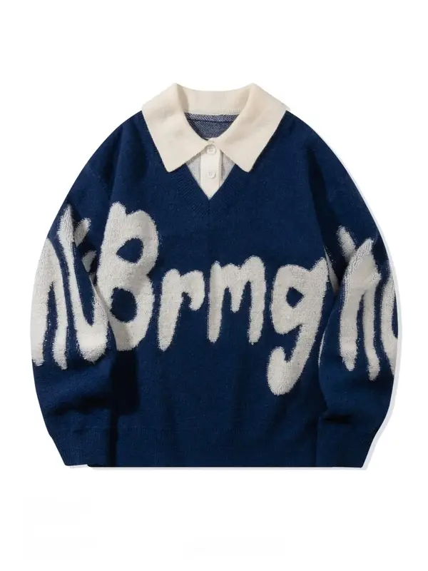 Men's Letter Print 2 in 1 Collar Sweater, Loose Casual Long Sleeve Button Front Jumper for Spring & Fall, Fashion Men's Knitw...