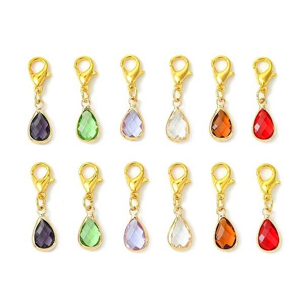 12Pcs 6 Colors Teardrop Brass Glass Pendant Decorations
