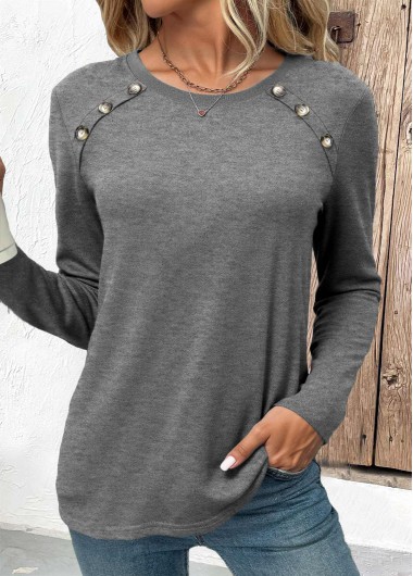 Modlily Grey Button Long Sleeve Round Neck T Shirt - L
