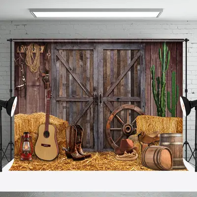 Retro Cowboy Rustic Barn Wooden Door Photo Backdrop - Aperturee