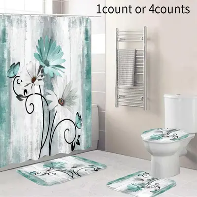 Floral Pattern Bathroom Curtain & Toilet Mats Set, Bathroom Decorative Curtain With Hooks, Bathroom Accessory, Summer Gift