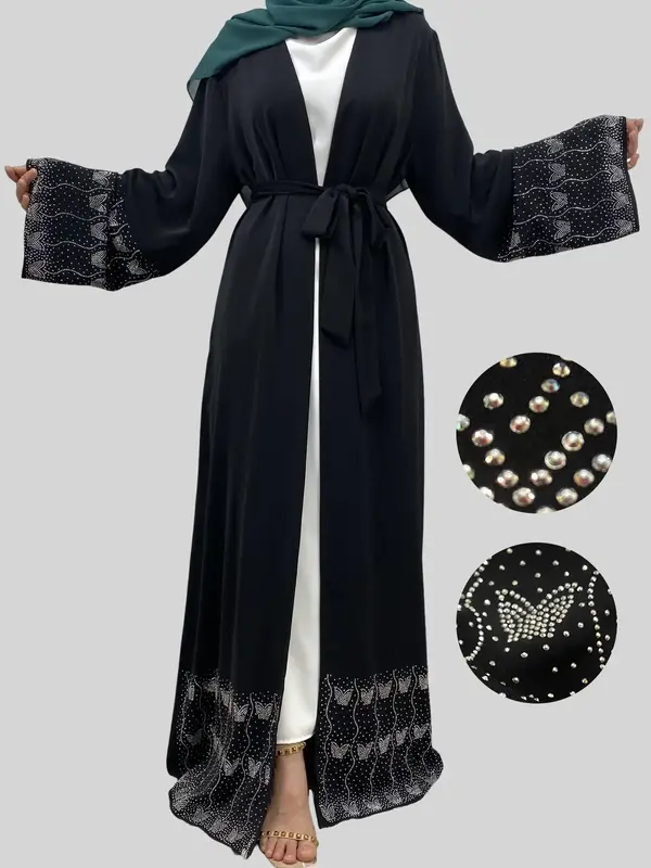 Women's Rhinestone Decor Open Front Abaya without Hijab, Modest Long Sleeve Round Neck Abaya for Daily Wear, Ladies Islamic C...