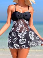 Women's Leaf Print Tankini Set, Casual Sleeveless Swim Top & Swim Shorts, Ladies Summer Swimwear for Beach Holiday Vacation, ...