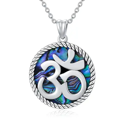 Sterling Silver Circular Shaped Abalone Shellfish Ohm Pendant Necklace
