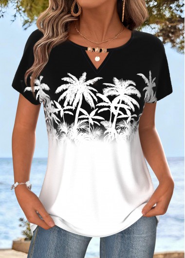 Modlily White Tummy Coverage Tropical Plants Print T Shirt - XL