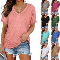 Women's Clothing 2025  Foreign Trade New Solid Color Batwing Sleeve Side Pleating V-neck Short Sleeve Women's T-shirt Top Wom...